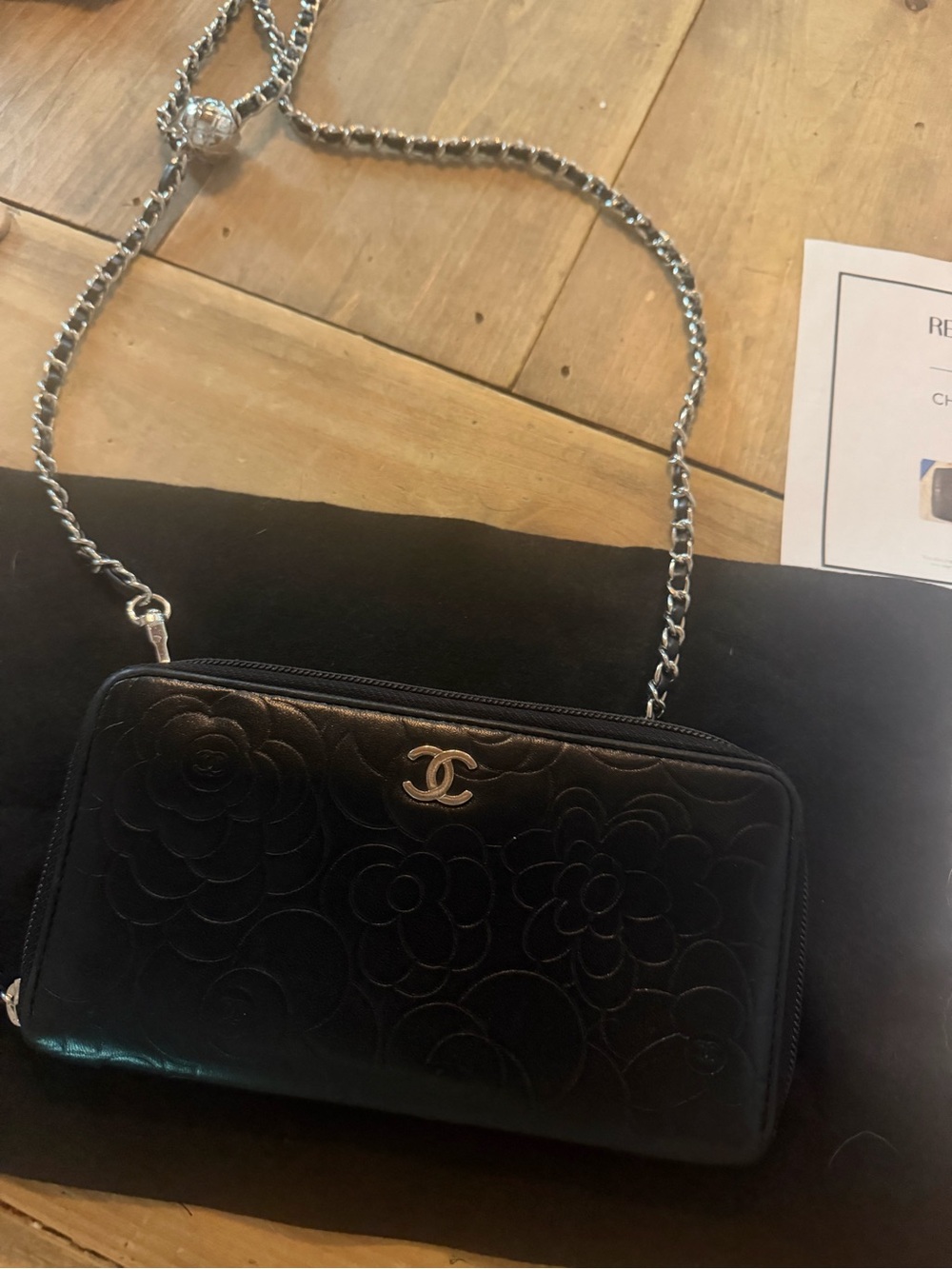 CHANEL Black Quilted Camellia Chain Crossbody Wallet